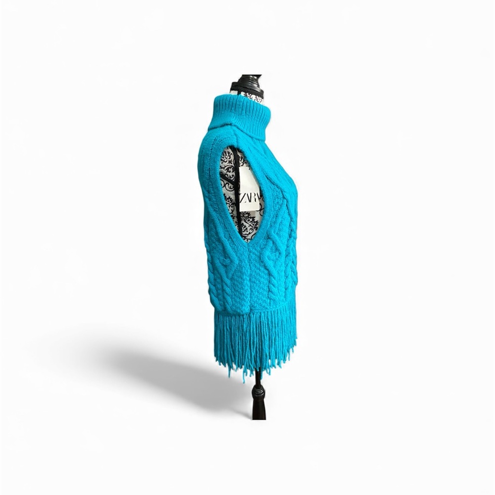 Zara Teal Knit Turtleneck Fringe Sweater Vest Sz-Medium - Picture 2 of 6